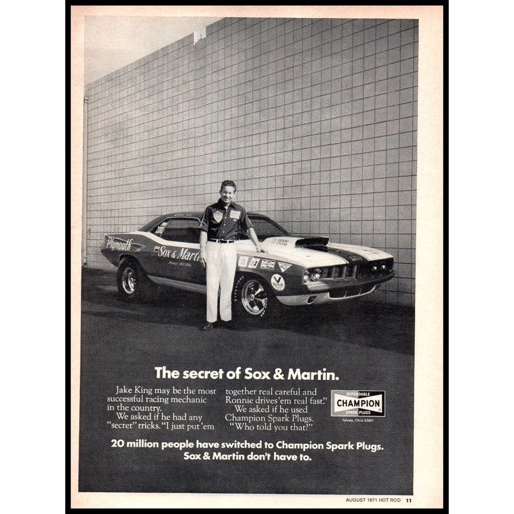 1971 Champion Spark Plugs Plymouth Barracuda Vintage Print Ad Sox & Martin Art